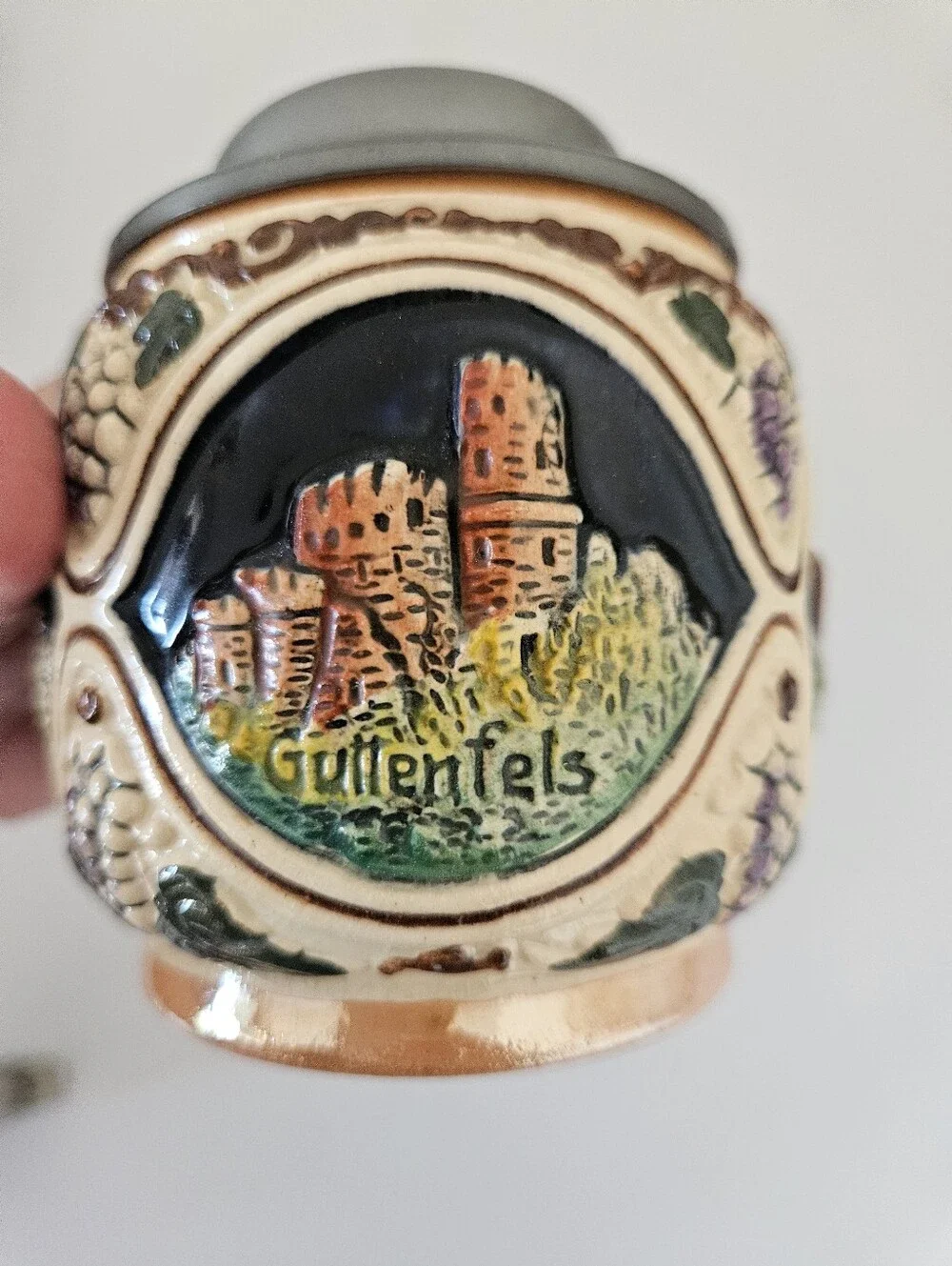 VTG Set of Two German Rhein River Stoneware Pewter Lid Steins | SZ 4
